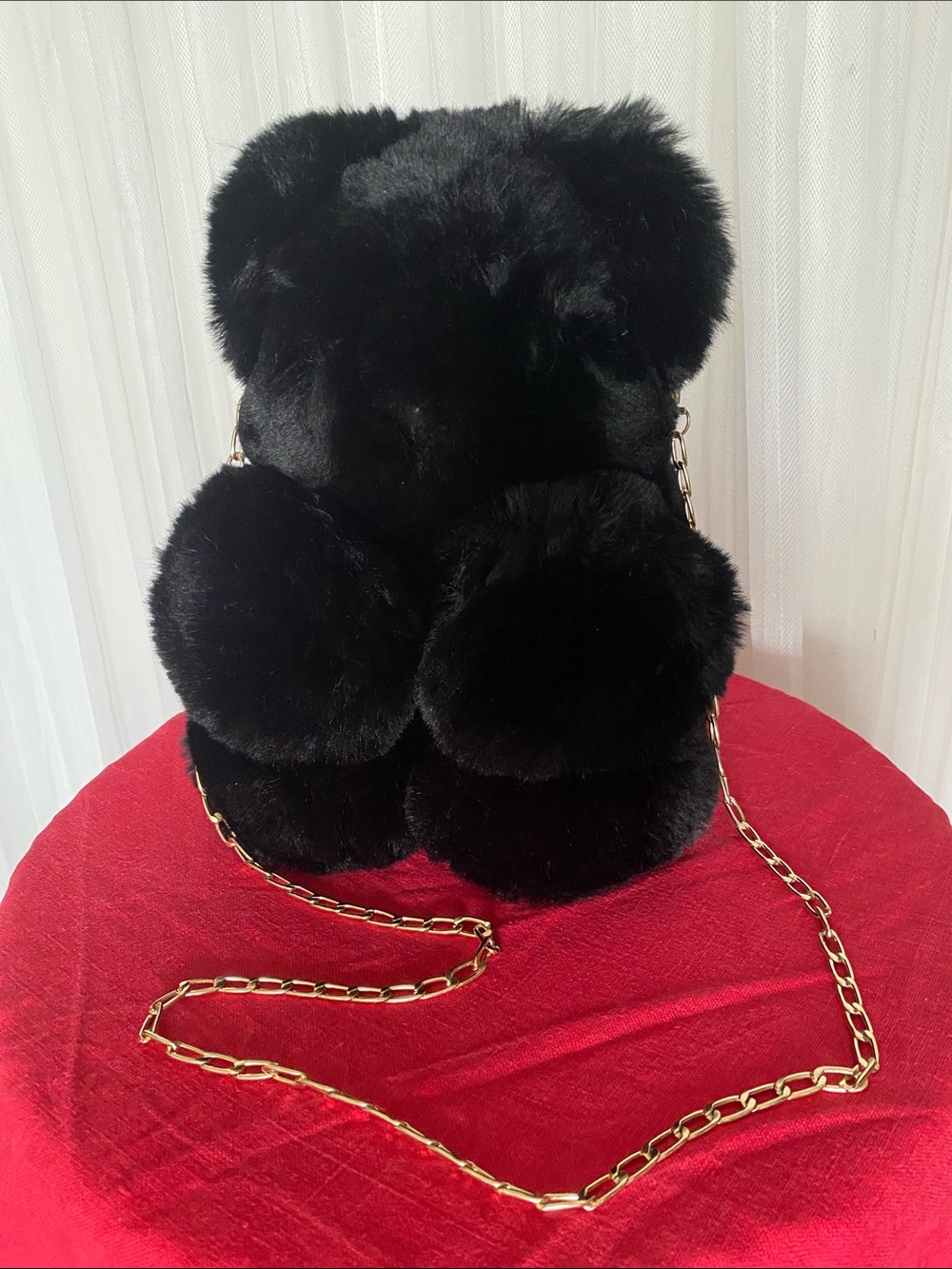 Black Plush Teddy Bear Crossbody Bag with Gold Chain